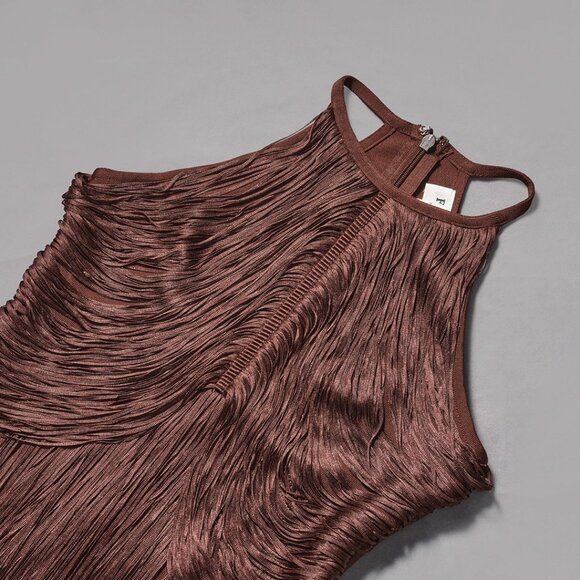 🤎 STUNNING Chocolate Brown Fringe Halter Gown - Picture 7 of 8